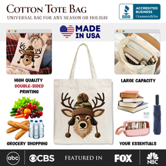 Deer Head Camo Hat Christmas Tote Bag, Imitation Latch Hook Yarn Cozy Hunting Season Gift Shopper