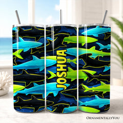 Neon Shark Camo 20oz Personalized Tumbler With Lid and Stainless Steel Straw, Marine Animal Pattern Gift Cup