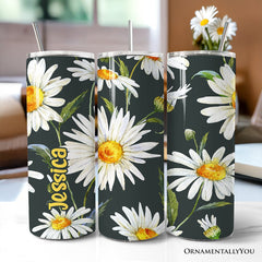 White Daisy Flower Pattern 20oz Personalized Tumbler With Lid and Stainless Steel Straw, Fresh Spring Floral Gift Cup