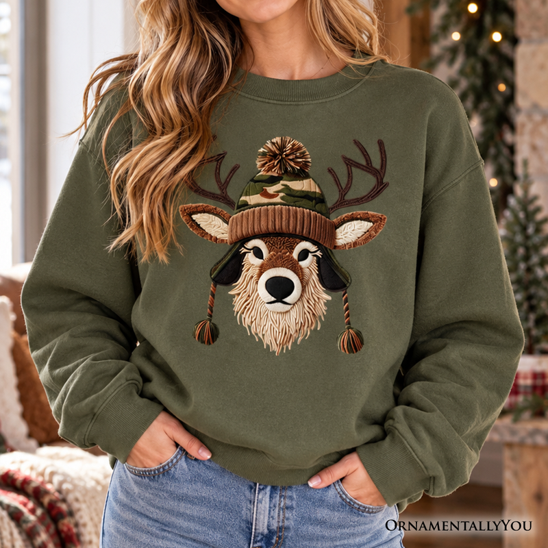 Deer Head Camo Hat Christmas Sweatshirt, Imitation Latch Hook Yarn Cozy Hunting Season Sweater