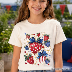 Kids Patriotic Boho Strawberries Bouquet T-Shirt, Youth 4th of July Festive Patch Tee
