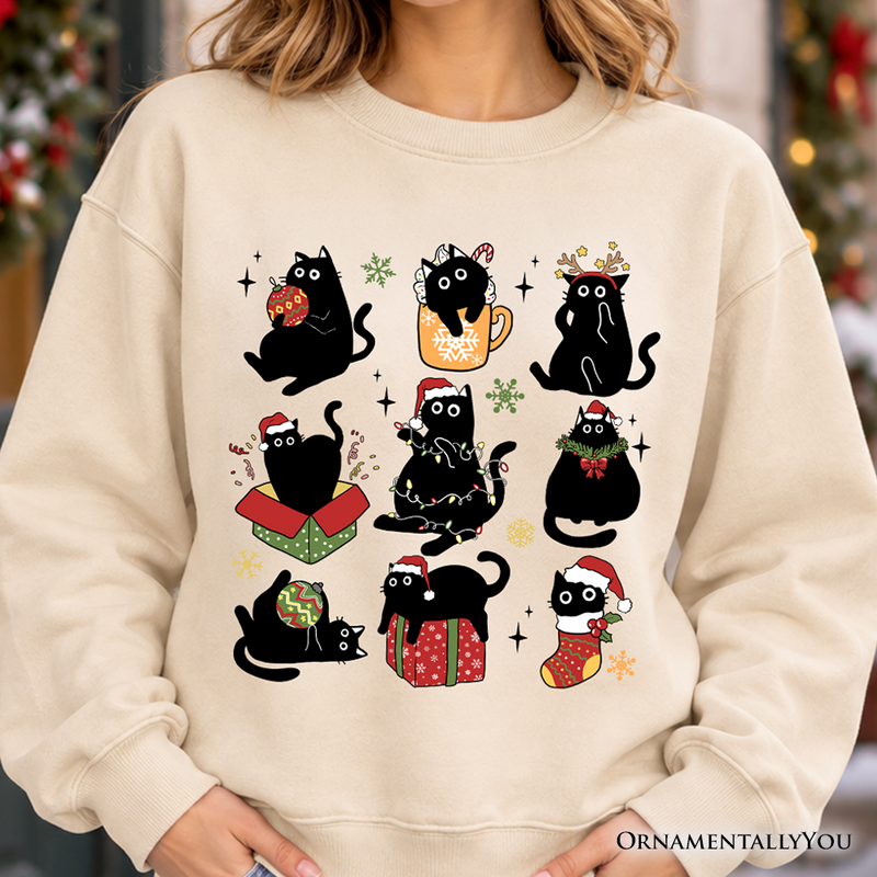 Christmas Black Cats Sweatshirt, Whimsical Cats with Santa Hat Sweater