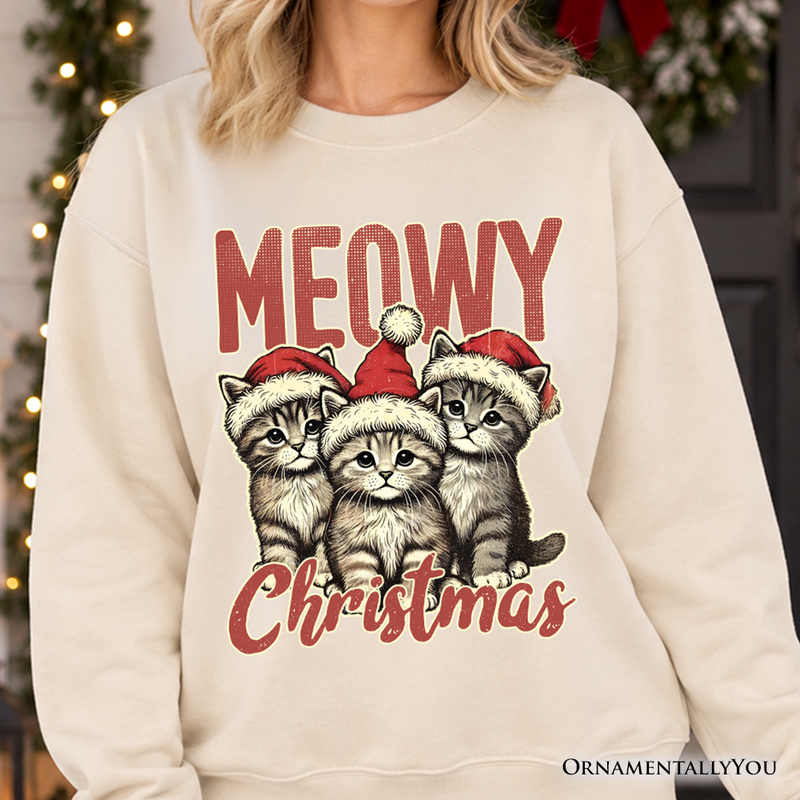 Cute Meowy Christmas Sweatshirt, Baby Cat In Santa Hat Holiday Sweater