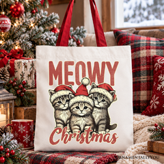Cute Meowy Christmas Tote Bag, Baby Cat In Santa Hat Holiday Gift Shopper