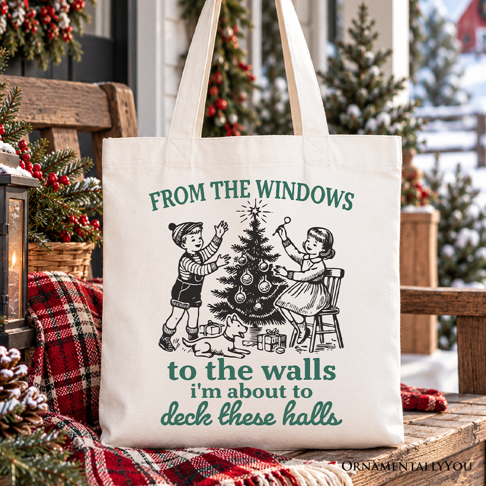 From the Windows to the Walls Deck These Halls Tote Bag, Funny Vintage Christmas Gift Shopper