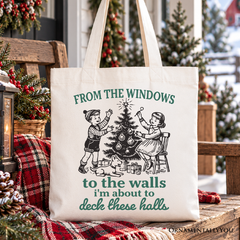 From the Windows to the Walls Deck These Halls Tote Bag, Funny Vintage Christmas Gift Shopper
