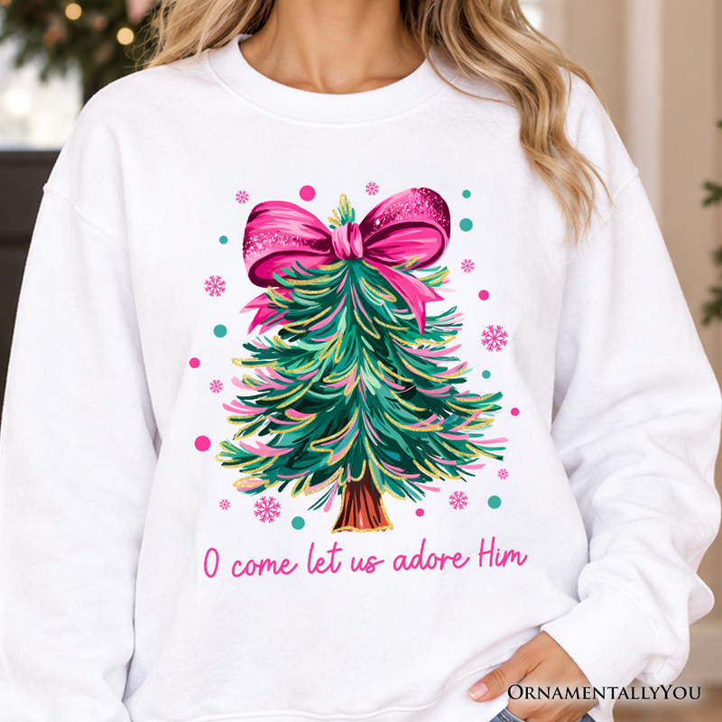 Glitter Christmas Tree Coquette Bow Sweatshirt, O Come Let Us Adore Him Holiday Sweater