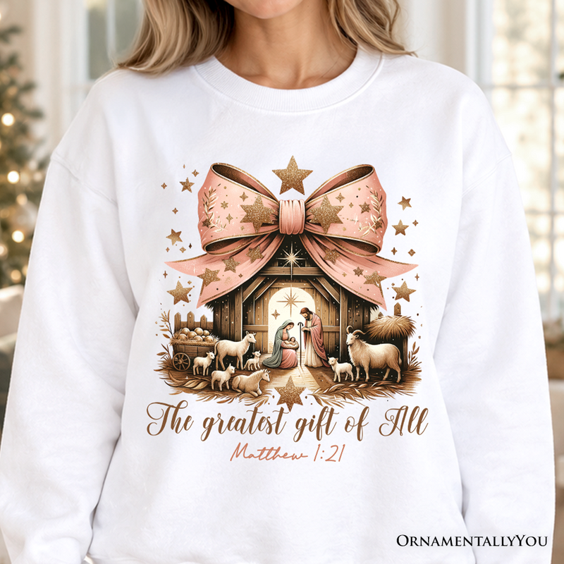 Holy Night Nativity Scene Jesus Sweatshirt, The Greatest Gift of All Matthew 1:21 Christian Christmas Sweater