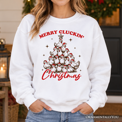 Merry Cluckin' Christmas Tree Sweatshirt, Funny Santa Hat Chicken Farmhouse Sweater