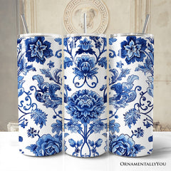 Blue and White Floral Pattern 20oz Personalized Tumbler With Lid and Stainless Steel Straw, Vintage Chinoiserie Porcelain Gift Cup