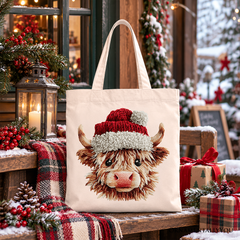 Highland Cow Santa Hat Christmas Tote Bag, Imitation Latch Hook Yarn Cozy Gift Shopper