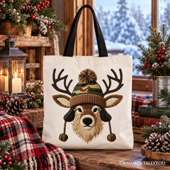 Deer Head Camo Hat Christmas Tote Bag, Imitation Latch Hook Yarn Cozy Hunting Season Gift Shopper