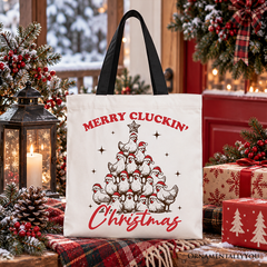 Merry Cluckin' Christmas Tree Tote Bag, Funny Santa Hat Chicken Farmhouse Gift Shopper