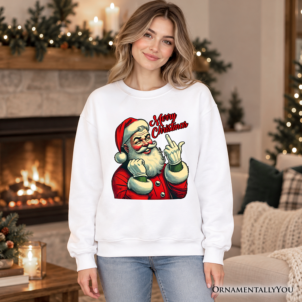 Santa Middle Finger Christmas Sweatshirt, Vintage Funny Sweater for Naughty Holiday Humor