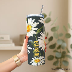 White Daisy Flower Pattern 20oz Personalized Tumbler With Lid and Stainless Steel Straw, Fresh Spring Floral Gift Cup