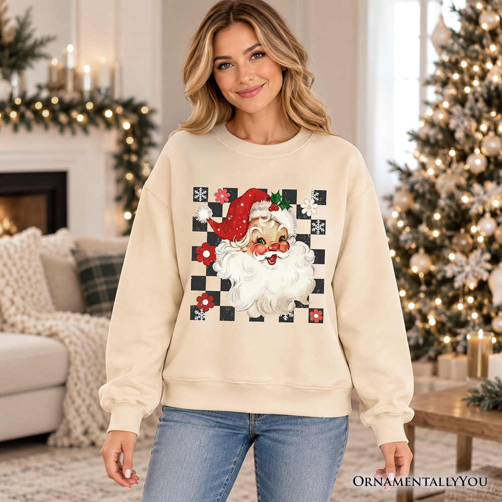Checkered Santa Claus Vintage Sweatshirt, Retro Merry Christmas Sweater