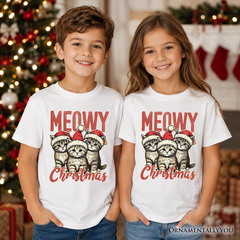 Kids Cute Meowy Christmas T-Shirt, Baby Cat In Santa Hat Holiday Youth Tee