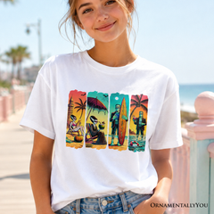 Kids Frankenstein's Beach Vacation T-Shirt, Retro Neon Surf Style Tee for Horror Youth Fans with Summer Vibes