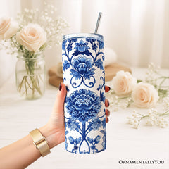 Blue and White Floral Pattern 20oz Personalized Tumbler With Lid and Stainless Steel Straw, Vintage Chinoiserie Porcelain Gift Cup