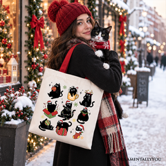 Christmas Black Cats Tote Bag, Whimsical Cats with Santa Hat Gift Shopper