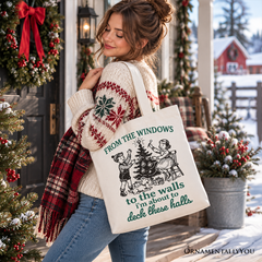 From the Windows to the Walls Deck These Halls Tote Bag, Funny Vintage Christmas Gift Shopper