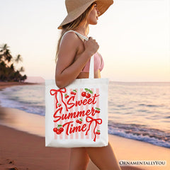 Striped Cherry Sweet Summer Time Tote Bag, Coquette Vacation Gift Shopper