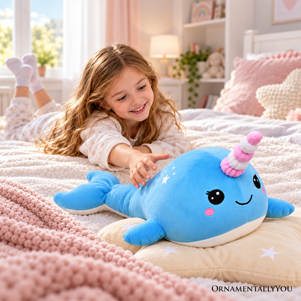 Celeste the Narwhal Plushie, Cute 17" Sea Unicorn Stuffed Animal on Star Pillow for Kids’ Gifts