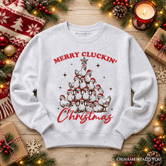 Merry Cluckin' Christmas Tree Sweatshirt, Funny Santa Hat Chicken Farmhouse Sweater