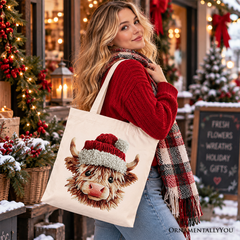 Highland Cow Santa Hat Christmas Tote Bag, Imitation Latch Hook Yarn Cozy Gift Shopper