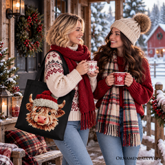 Highland Cow Santa Hat Christmas Tote Bag, Imitation Latch Hook Yarn Cozy Gift Shopper