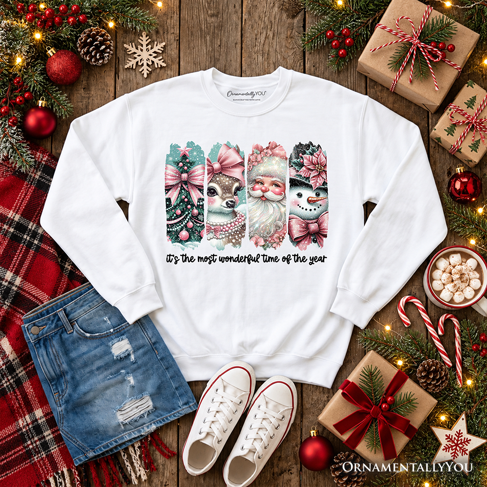 Coquette Pink Christmas Sweatshirt, It's The Most Wonderful Time Of The Year Vintage Tree, Reindeer, Santa and Snowman Sweater