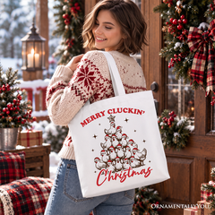 Merry Cluckin' Christmas Tree Tote Bag, Funny Santa Hat Chicken Farmhouse Gift Shopper