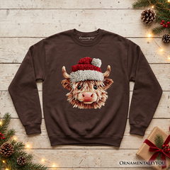Highland Cow Santa Hat Christmas Sweatshirt, Imitation Latch Hook Yarn Cozy Sweater