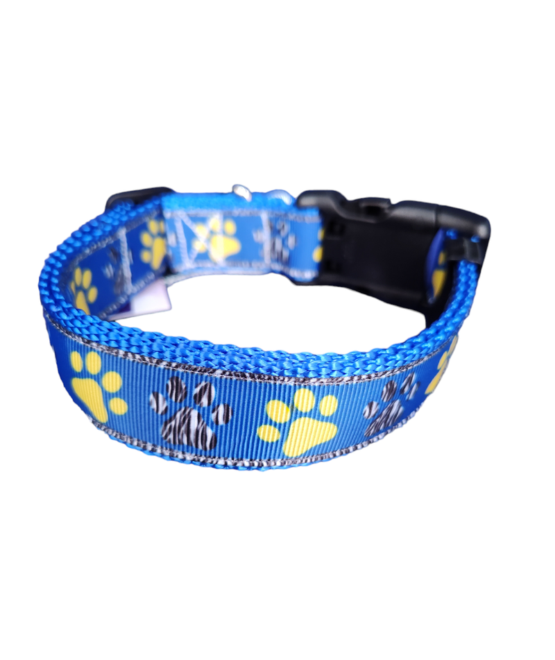 Blue And Yellow Paw Prints Blue Nylon Dog Collar MD, LG, XL, Leash