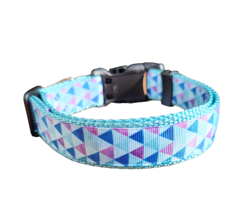 Purple Triangles Light Blue Nylon Dog Collar MD, LG, XL, Leash