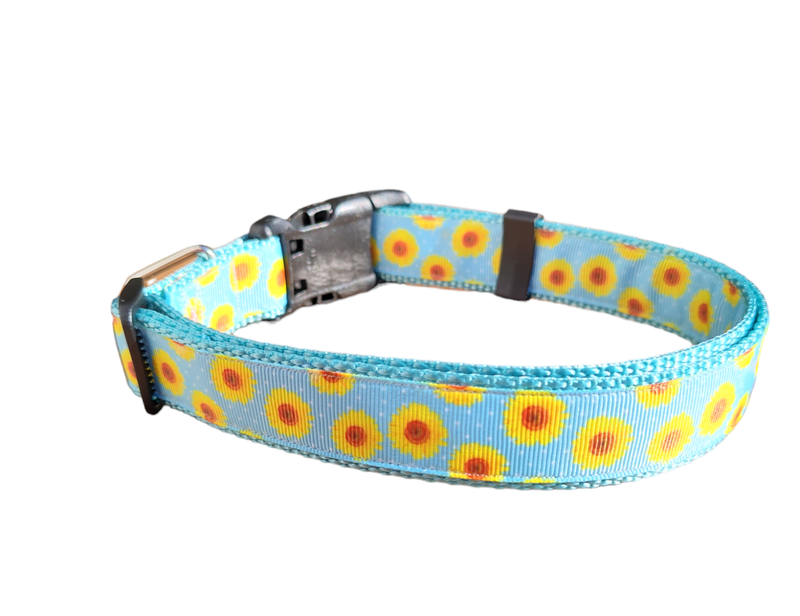 Yellow Flowers Light Blue Nylon Dog Collar MD, LG, XL, Martingale, Leash