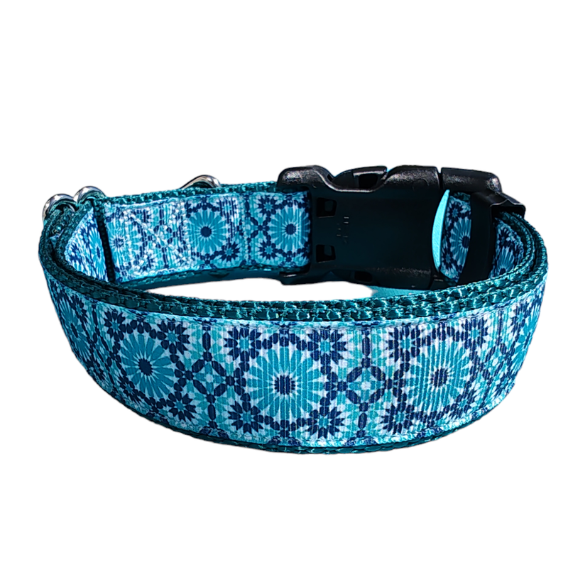 Blue Geometric Green Nylon Dog Collar MD, LG, XL, Leash