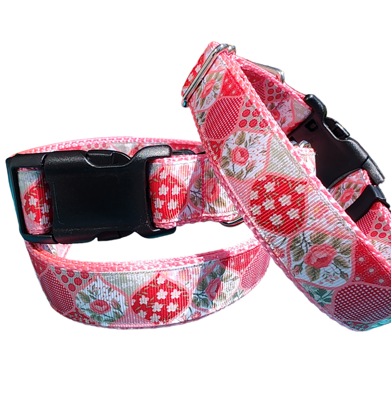 Flower Quilt Pink Nylon Dog Collar MD, LG, XL, Leash