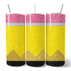 Glitter Pencil Design 20oz Personalized Tumbler With Lid and Stainless Steel Straw, School Teacher Gift Cup