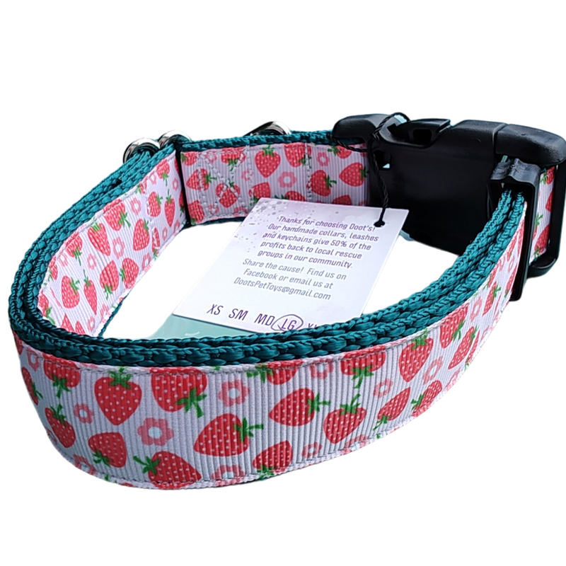 Strawberry Flowers Green Nylon Dog Collar MD, LG, XL, Leash