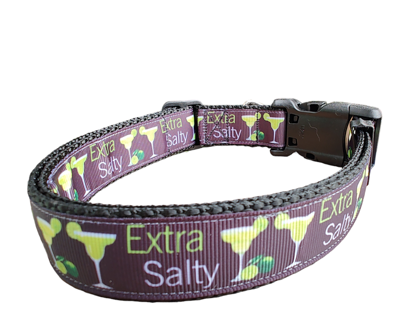 Extra Salty Margarita Black Nylon Dog Collar MD, LG, XL, Leash