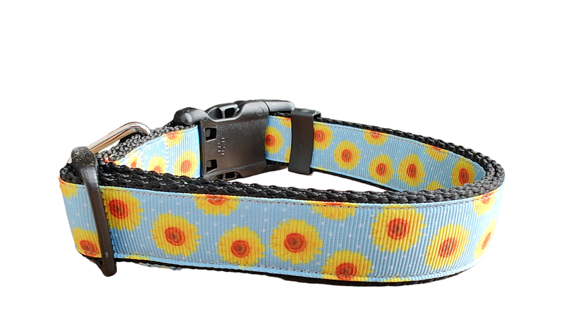 Yellow Flowers Black Nylon Dog Collar MD, LG, XL, Leash