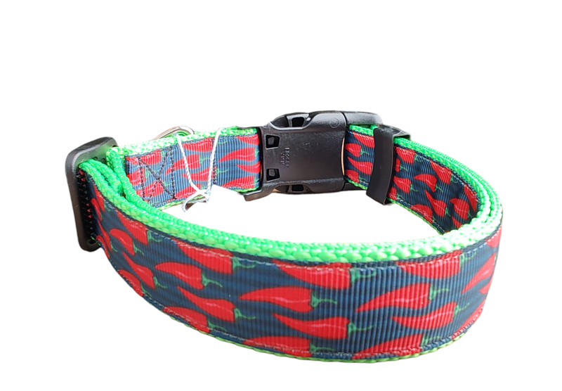 Spicy Red Pepper Neon Green Nylon Dog Collar MD, LG, XL, Leash
